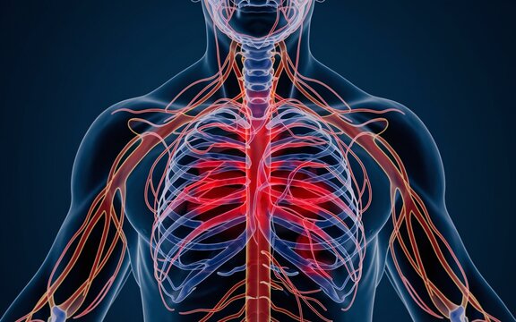 3D rendering of human chest anatomy with highlighted lungs and circulatory system.