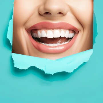 Perfect smile with white teeth is appearing through torn blue paper