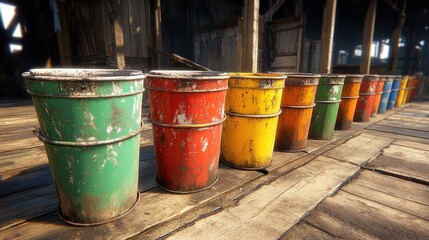 Naklejka premium A row of stacked rusty oil drums in various colors, arranged in a warehouse setting.
