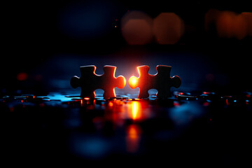 Two puzzle pieces coming together symbolizing connection and unity against a dark, blurred background with warm light flare.