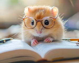 Studious Hamster Reading Miniature Book on Tiny Desk with Pens and Papers