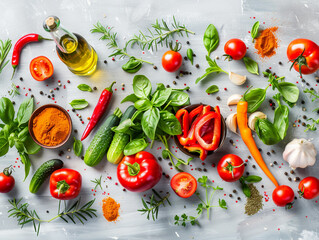 Fresh Vegetables and Herbs with Spices on Gray Background