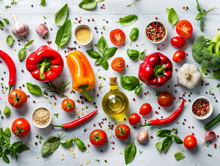 Colorful Fresh Vegetables and Herbs on White Background