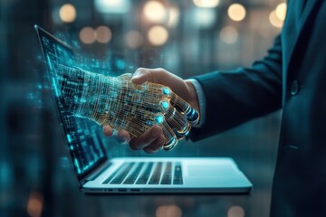 Business handshake over laptop with digital glowing lines technology futuristic business.