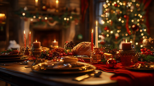 una cena navide&ntilde;a sobre una mesa decorada de navidad con decoraciones navide&ntilde;as con velas encendidas y ornamentos 