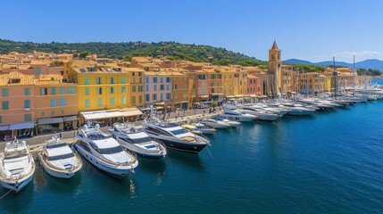 Fototapeta premium Colorful Harbor with Yachts in Beautiful Coastal Village
