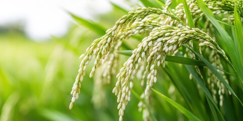 Rice grains hanging on the plant in a rice field, close-up photo.