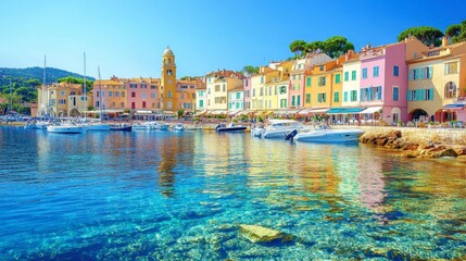 Obraz premium Vibrant Coastal Town with Colorful Buildings and Clear Water