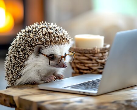 Focused and Intellectual Hedgehog Wearing Glasses Working on Laptop at Tiny Desk