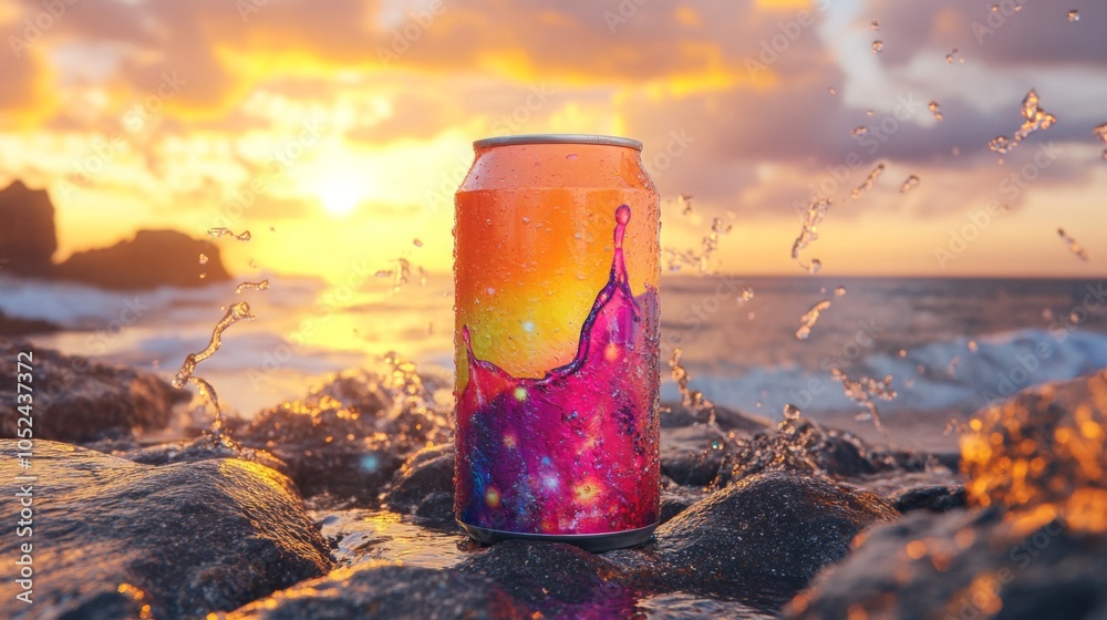 Poster a colorful soda can positioned on rocky terrain at the beach captures the brilliant hues of sunset. 
