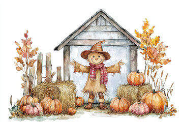 Fototapeta premium A whimsical scarecrow stands in front of a rustic shed, surrounded by pumpkins and autumn foliage, evoking a cozy fall harvest scene.