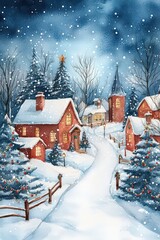Snowy landscape with a road leading to the village.