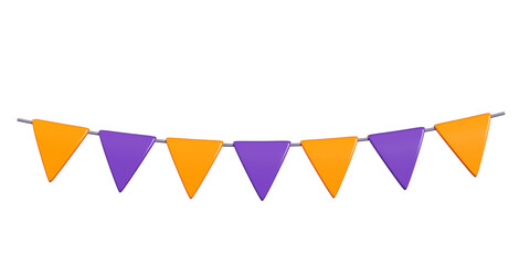 Halloween party bunting flags garland - 3d render illustration of orange and purple triangle decorative paper flag on rope for autumn holiday border decoration. Long pennant chain string. © Yuliia Osadcha