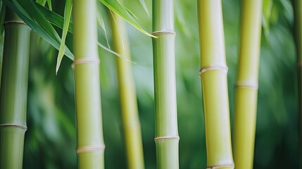 A serene close-up of bamboo stalks, showcasing their vibrant green hue and natural textures amidst a lush background.