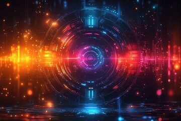 Obraz premium Abstract futuristic technology background with glowing neon lights and digital interface.