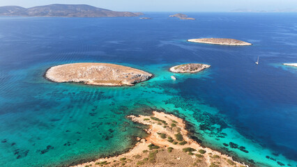 Aerial drone photo of paradise blue lagoon and sandy beaches of Tiganakia bay forming a complex of small islets in island of Arkoi or Arki, Dodecanese, Greece