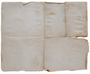 Texture Of An Old Checkered Paper. Page Of A Badly Damaged Yellowed Document, With Copy Space. Old Empty Note Page With Torn Edges, Stains And Folds.