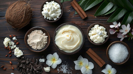 Assorted Natural Ingredients in Wooden Bowls on Dark Background