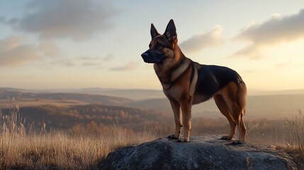 German Shepherd Dog Standing on a Rock at Sunset