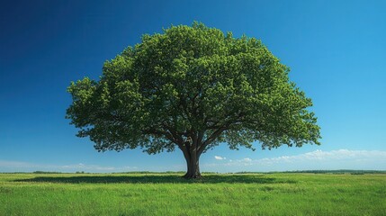 Fototapeta premium vibrant pin oak tree with lush green leaves against a clear blue sky, exuding life and vitality, showcasing the beauty of nature in full bloom during a sunny day