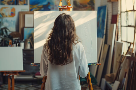 Woman artist painting at home