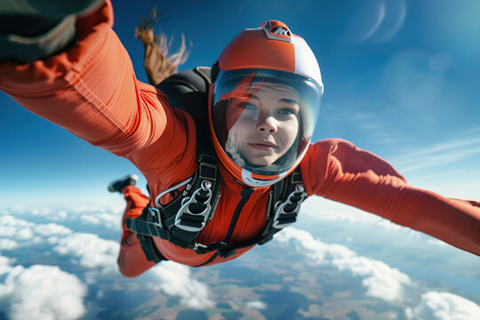 Female skydiver with parachute falling through the air