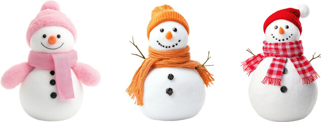 Three cheerful snowmen wearing colorful hats and scarves, isolated on transparent background