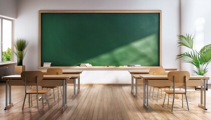 Modern stylish classroom interior with wooden floor and green blackboard on wall. School, university and education concept. 3D Rendering.
