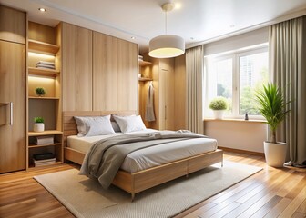 Modern Bedroom Interior with Light Wood Wardrobe and White Bedsheet for Stylish Home Decor Inspiration