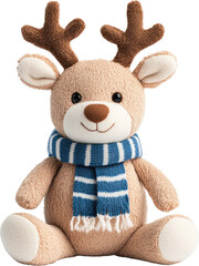 Fototapeta premium A cute reindeer doll wearing a blue scarf, perfect for holiday decoration, features soft textures and friendly expression.
