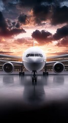 Fototapeta premium A commercial airplane sits on the tarmac at sunset, preparing for takeoff.