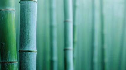 A serene view of tall bamboo stalks set against a soft green background, evoking tranquility and nature's beauty.