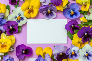 Obraz premium Pansies springtime scenery, nature background. Festive holiday greeting card for Birthday, Woman or Mothers Day.