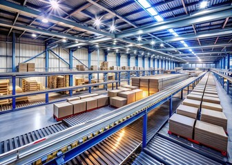 Obraz premium Modern Distribution Warehouse with Efficient Conveyor Belts and Flowing Packages for Logistics Management