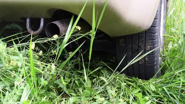 smoking exhaust pipe among wild grass offroad