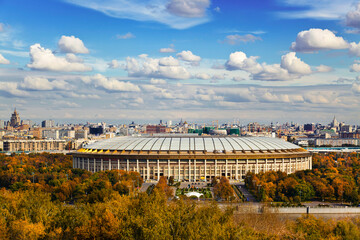 Panoramic view of Moscow and Luzhniki stadium on an autumn day. Moscow, Russia