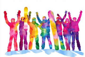 Naklejka premium A vibrant, colorful illustration of a group of eight people celebrating on snow, holding up snowboards with joy.