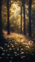 Obraz premium Sunlit Forest Clearing with Delicate White Flowers