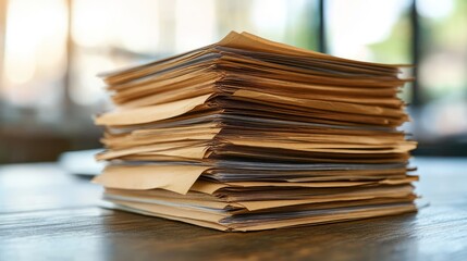 A stack of files on a wooden table in an office.