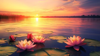 Pink Water Lilies Blooming on a Calm Lake at Sunset