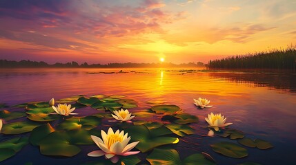Water Lilies Blooming at Sunset on a Tranquil Lake