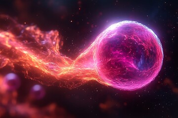Obraz premium A vibrant sphere of energy trails fire through a dark cosmic expanse.
