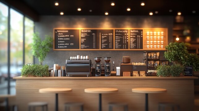 Modern coffee shop interior with a wooden counter and bar stools, featuring a menu board, coffee machine, and plants.
