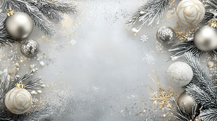 un diseño de invitacion o tarjeta navideña con detalles y ornamentos en color plateado y dorado con escarcha de nieve en invierno diseño de navidad elegante y sofisticado