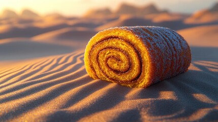 Naklejka premium A sweet cinnamon roll sits on a desert dune at sunset.