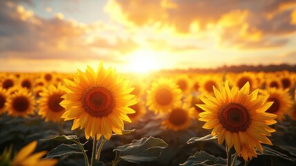 Fototapeta premium Sunlit Sunflowers in a Field at Sunset