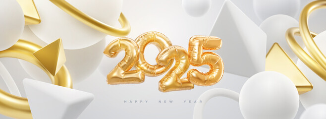 Happy New 2025 Year. Vector holiday illustration. 2025 golden foil balloons and flowing 3d geometric shapes on white background. Gold helium balloon numbers. Festive poster or banner design