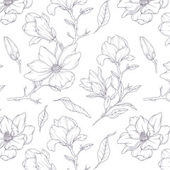 Hand Drawn magnolia Background. Magnolia Seamless Pattern Trendy graphics. Magnolia Line Art. Spring flowers seamless pattern. Magnolia pattern for luxury wallpapers, textile, wedding invitations, car