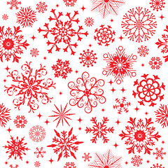 Vector seamless Christmas hand drown monochrome pattern with red snowflakes and stars on a transparent background