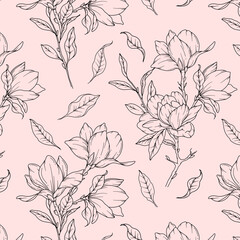 Fototapeta premium Hand Drawn magnolia Background. Magnolia Seamless Pattern Trendy graphics. Magnolia Line Art. Spring flowers seamless pattern. Magnolia pattern for luxury wallpapers, textile, wedding invitations, car